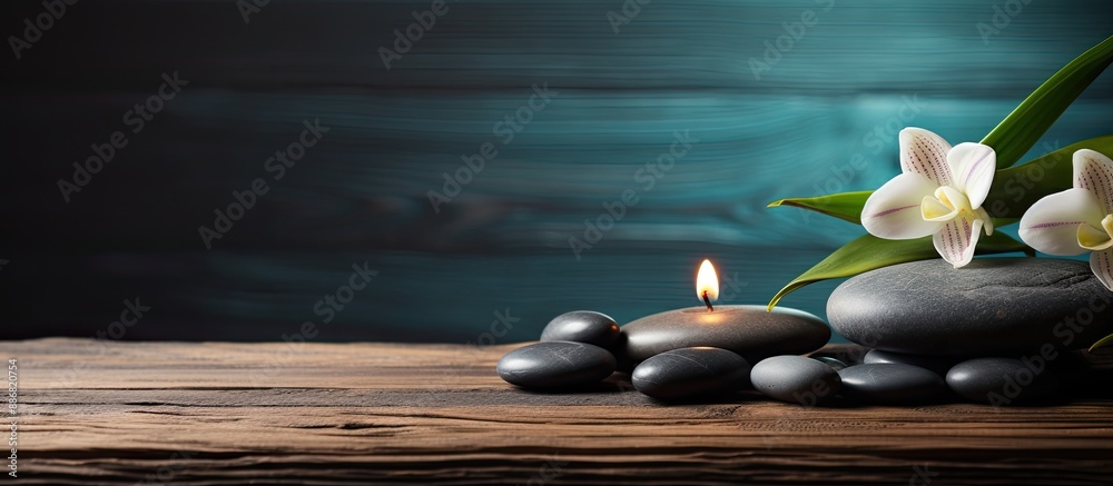 Poster A serene spa ambiance with lava beads arranged on a wooden surface, creating a tranquil copy space image.