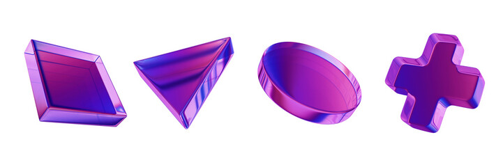 3D glass figure set geometric futuristic transparent game objects joystick cyber sport button symbol. Holographic purple cross, transparent spectrum material texture, square, circle. 3D glass shapes © Oleksandra