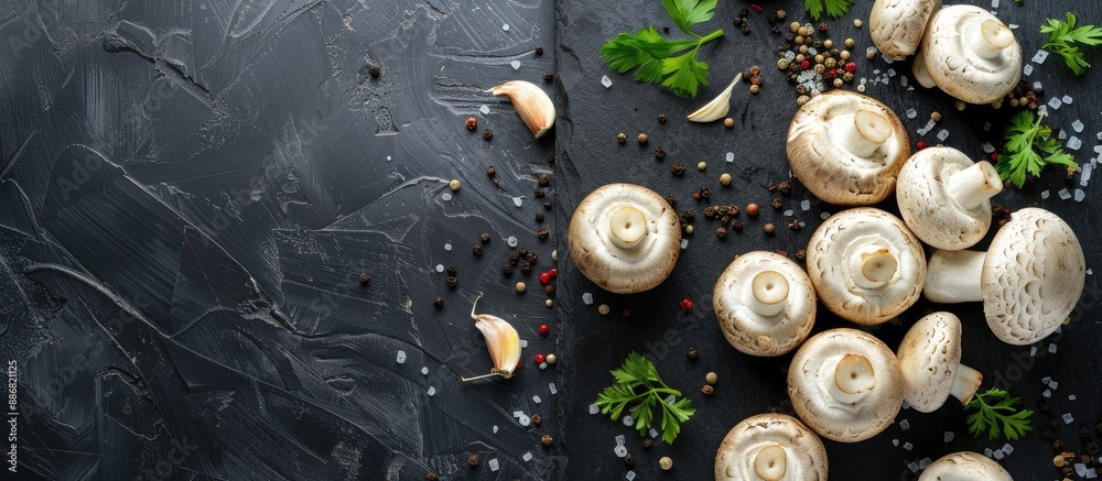 Poster overhead view of fresh mushrooms seasoned with herbs and spices on a black board, providing copy spa