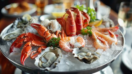 A seafood platter with lobster, crab, shrimp, and oysters on ice, served at a fine dining restaurant.