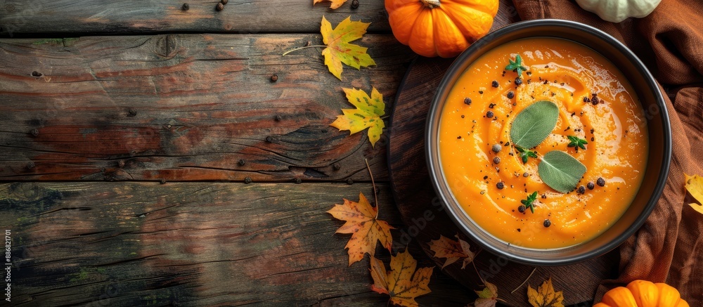 Poster Top view of pumpkin soup on a wooden backdrop with copy space image available for text.