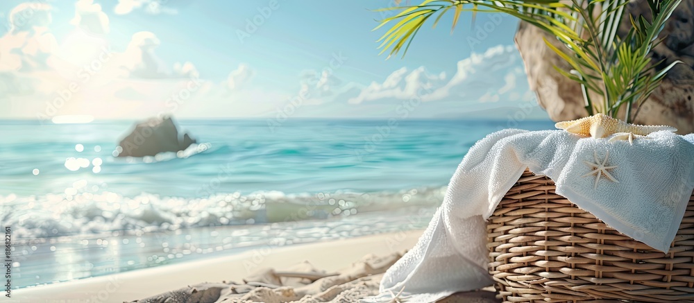 Poster summer beach scene with towel as background and ample copy space image for decorating.