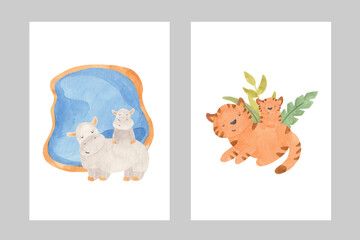 Set of two watercolor hand drawn poster with jungle animals such as hippo and tiger. Mother and baby postcards. Isolated for kids and nursery.
