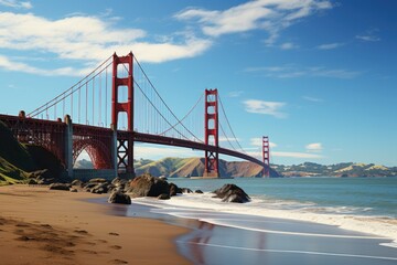 Golden Gate Bridge Panorama in Baker Beach, San Francisco, as the famous Marco., generative IA