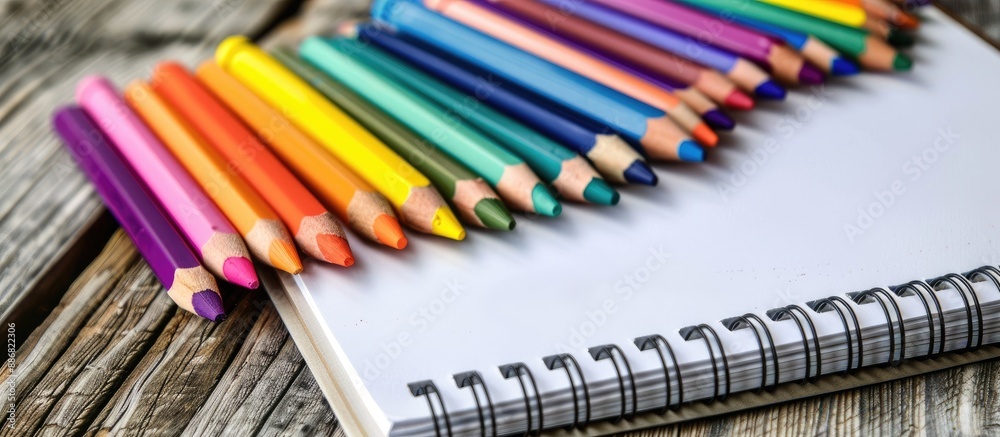 Aufkleber colorful crayons set beside an empty notebook, providing a vibrant copy space image.