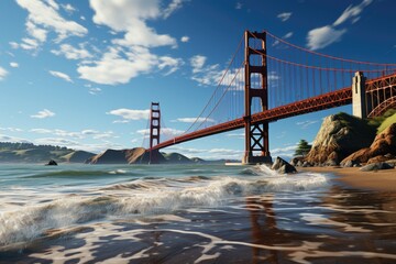 Golden Gate Bridge next to sandy beaches near sunset, generative IA