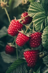 Ripe fresh raspberry plant with green plants around in garden, medium shot. Close-up of red raspberries hanging from branch, blurred green background. Garden scene with rich foliage and edible fruit