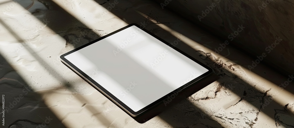 Aufkleber Digital tablet mockup with a white screen template placed on a corner of a table, set in natural lighting and shadow, ideal for copy space image.