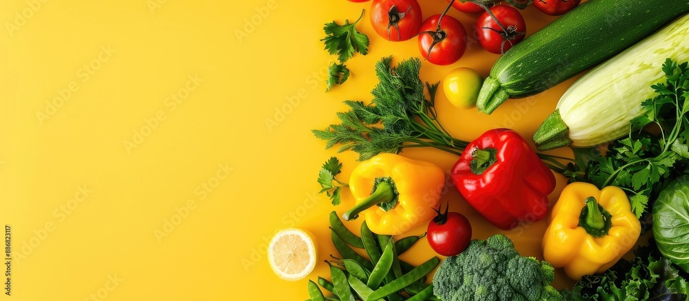 Poster Top view of an arrangement of vegetables on a yellow background with room for text. Includes a copy space image.