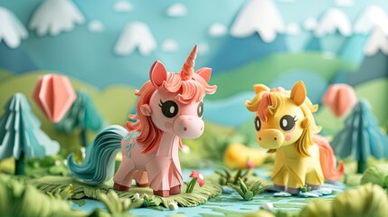 Naklejka premium baby unicorn in enchanted flower garden, cute paper cut style illustration, nursery baby animal concept,