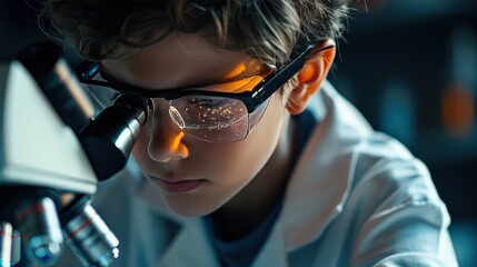 Young boy scientist in lab coat looking through a microscope.
