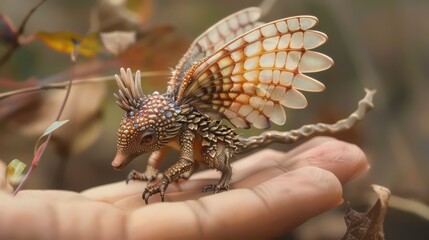 Obraz premium A hand holding a small, ornate creature with a wing