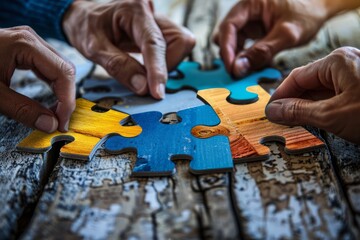 A team is assembling a jigsaw puzzle, each piece representing a different aspect of their business vision and goals, the teamwork concept