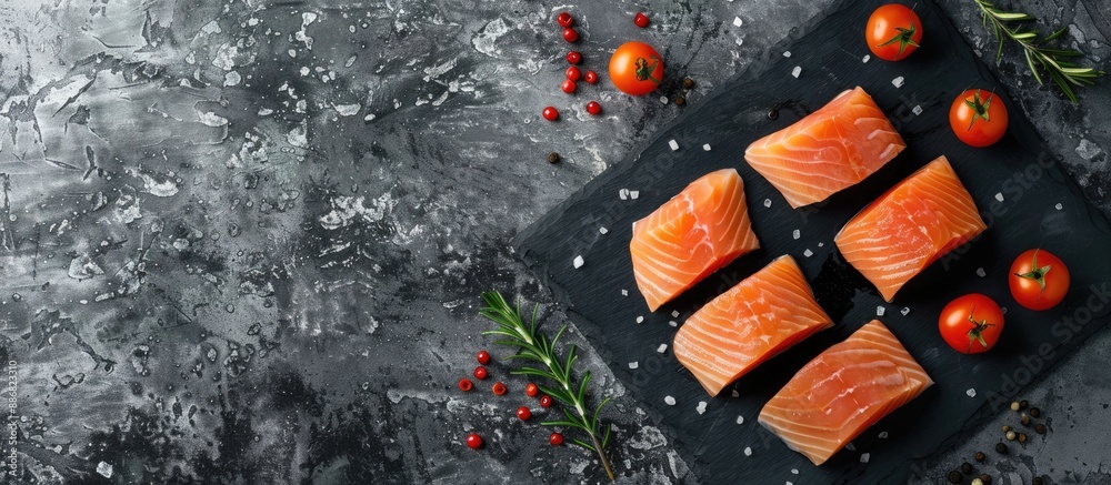 Poster Salmon fillet slices displayed on a black slate plate, providing space for additional image elements.