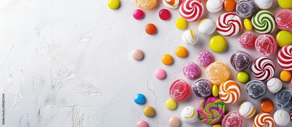 Poster Colorful and tasty candies displayed on a white table with available space for adding text or images, such as a copy space image.