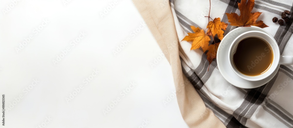 Poster a cup of coffee sits on a checkered scarf with a fallen leaf against a white background, offering pl