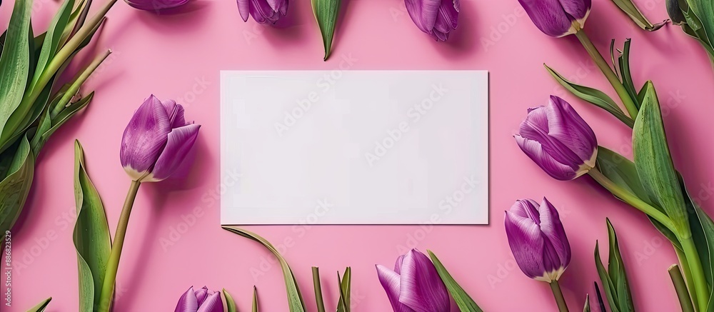 Poster top view of a mock-up scene with a blank greeting card surrounded by purple tulips on a pink backgro