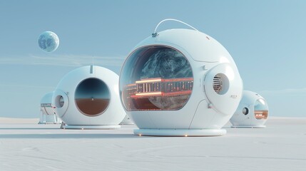 Fototapeta premium Futuristic space city on an artificial planet, with domed habitats and a network of transport tubes. Illustration, Image, , Minimalism,