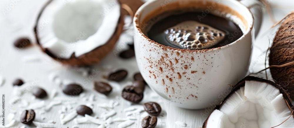 Poster closeup of a delectable coffee with coconut syrup on a white table, displaying copy space image.