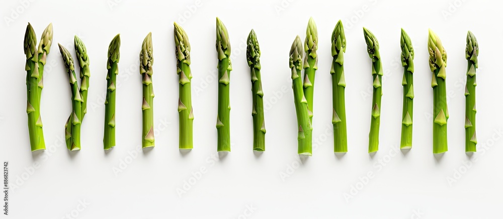 Sticker fresh green asparagus arranged on a white table with a space for adding images or text.