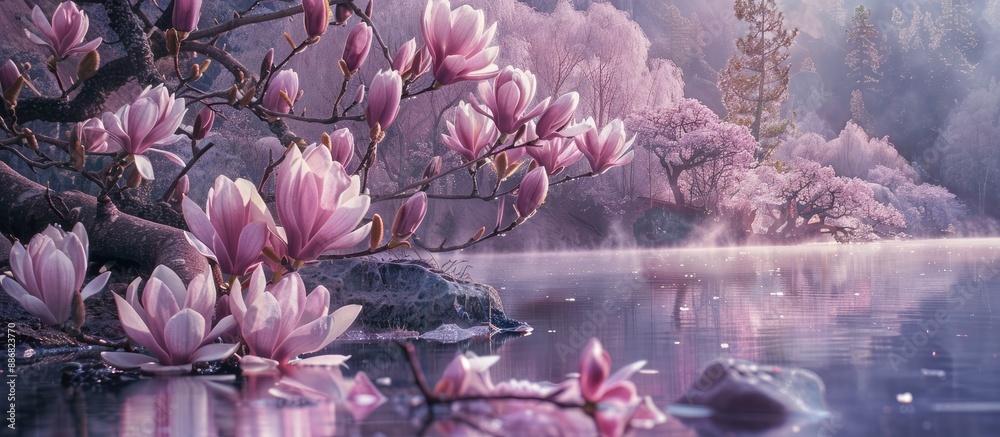 Poster Captivating view of blooming purple magnolias in a serene setting with copy space image.