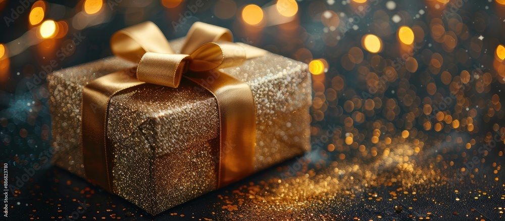 Aufkleber gift box with a golden ribbon on a table, embodying christmas, new year, and valentine's day themes.