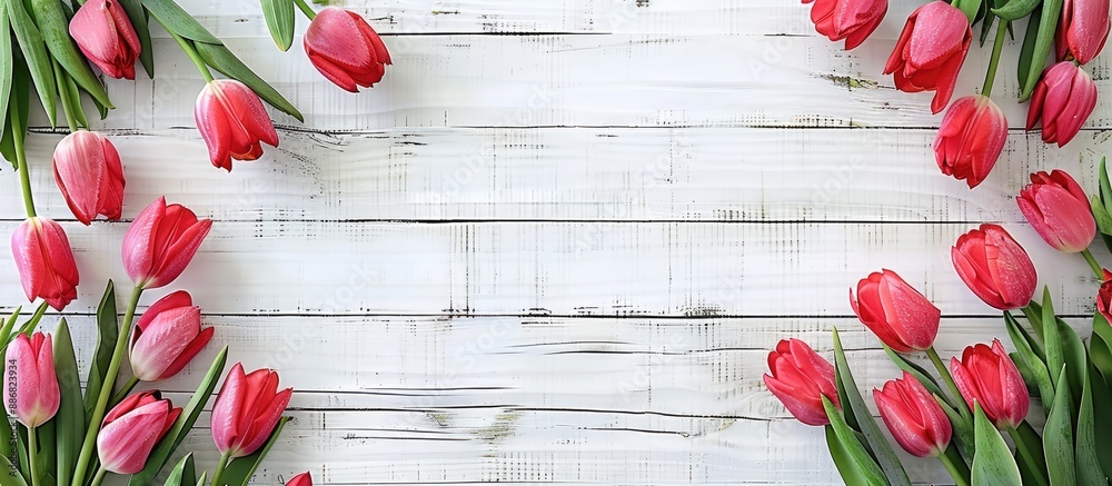 Aufkleber Spring background with tulips in two corners against a white plank backdrop, ideal for inserting text with copy space image.