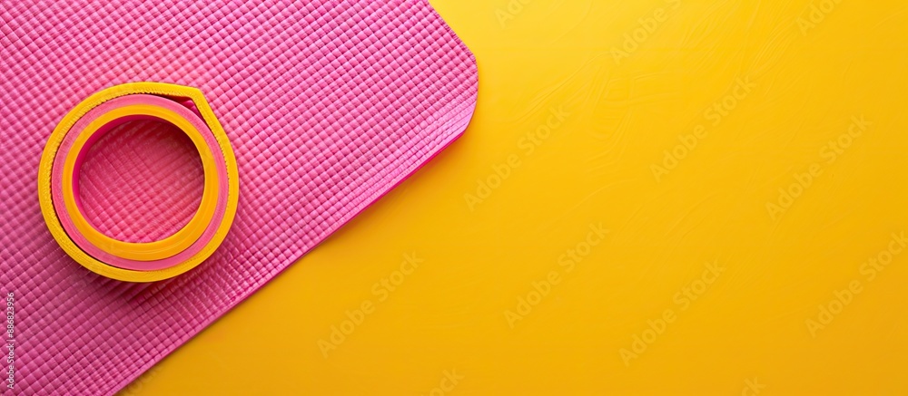 Poster Aerial perspective of a rubber band on a pink exercise mat against a yellow backdrop with empty space for adding an image.
