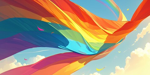 Pride Flag Fluttering in Breeze with Negative Space. Vibrant LGBTQIA+ Symbol in Motion.