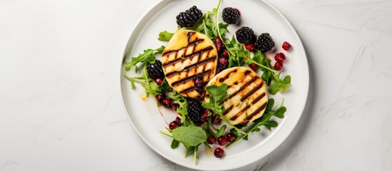 A delicious and nutritious meal idea featuring grilled Halloumi cheese, blackberries, pomegranate seeds, and fresh rocket on a white wooden backdrop. Top-down view with space for text or images.
