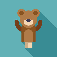 Brown bear hand puppet waving on a blue background