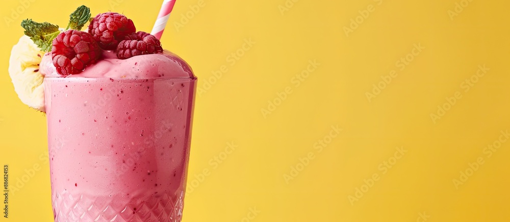 Poster close up image of a raspberry smoothie with summer fruits on a pastel yellow background for a health