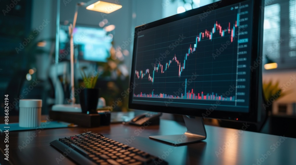 Poster a stock market graph showing a steady rise, displayed on a large office monitor.