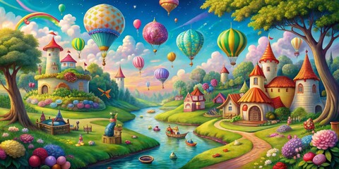 Fototapeta premium Fairytale Village with Colorful Hot Air Balloons, Digital Painting, Fantasy Landscape, Castle, Balloon, River, Fairy Tale