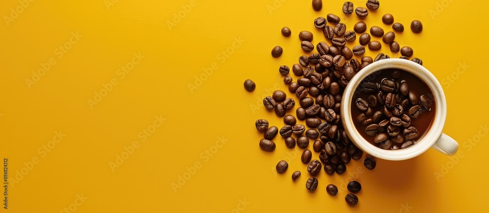 Aufkleber coffee beans spilled from a cup on a yellow background with copy space image.