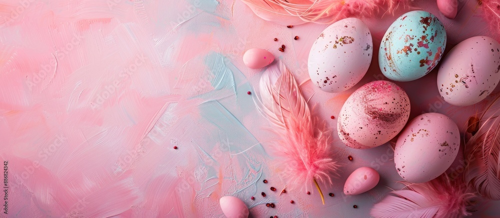 Poster top view of easter eggs adorned with feathers, displayed on a pink backdrop, with copy space image a