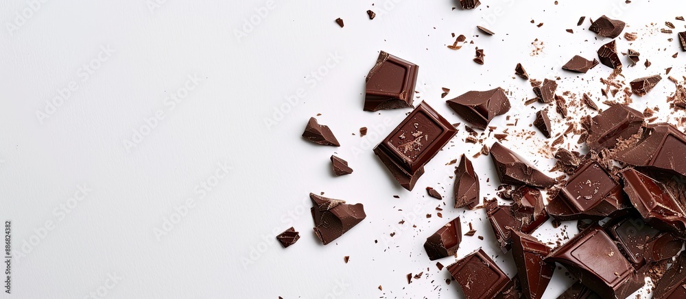Poster chocolate pieces shattered on a white backdrop with available copy space image.