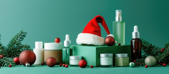 Various mock-up cosmetic bottles and jars displayed with a red Santa Hat on a green background, conveying a Christmas sale for beauty products with ample copy space image.