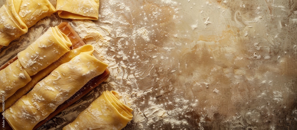 Poster baking dough rolled and shaped into cakes on a tabletop. background with copy space image.