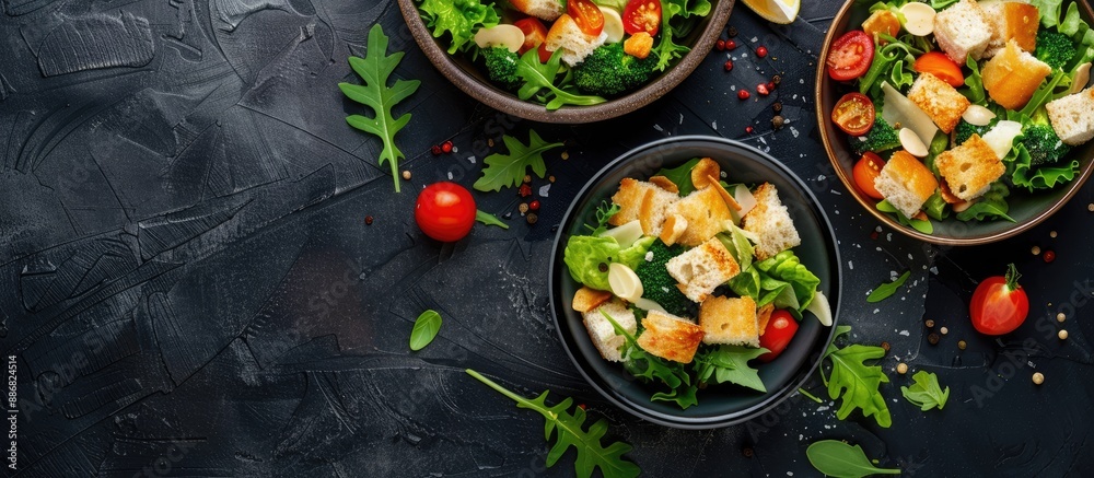 Aufkleber top-down view of a tasty caesar salad on a dark surface, with room for text in the image.