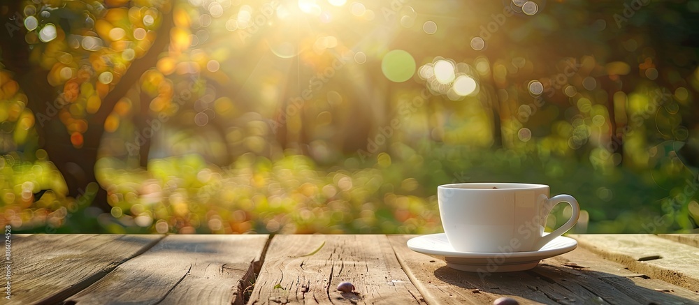 Aufkleber Coffee in a white cup placed on a wooden table outdoors with empty space for adding images.