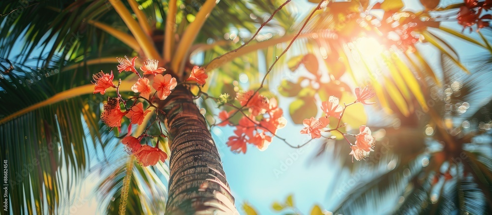 Poster Tree with Areca palm flowers blooming adding a tropical touch to the scene, ideal as a copy space image.