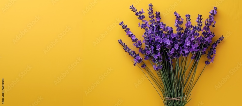 Poster a flatlay of a lavender flower bouquet on a yellow background with copy space image, perfect for lav