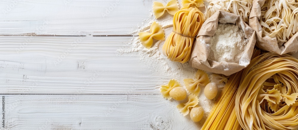 Poster top view of various uncooked pasta types and flour in a paper bag on a white wooden table with copy 