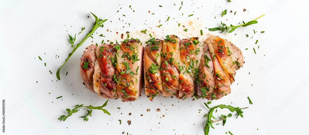 Aufkleber italian porchetta pork meat roll with herb seasoning on a white background in a top-view copy space 