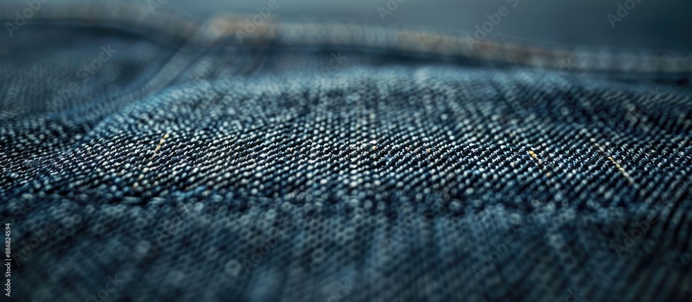 Poster close-up shot of a detailed jeans texture with focus on a single point, against a softly blurred bac
