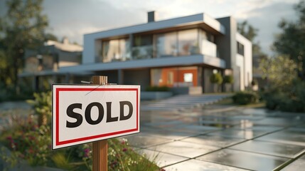 modern house with sold sign outside, in front of the house , representing successful property sales, real state business