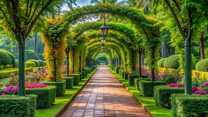 Obraz premium Garden Pathway Arched by Lush Greenery, Brick Path, Flowerbeds, Garden Design, park, nature, landscape