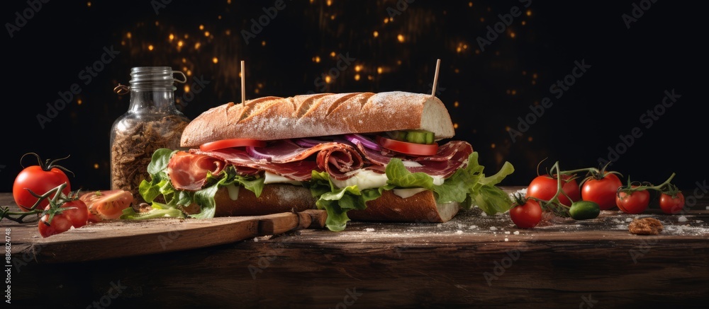 Wall mural Rustic background with copy space image showcasing a classic jamon sandwich.