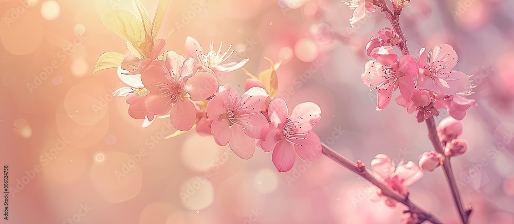 Poster a dreamy romantic spring image: a blooming peach tree branch in soft pink tones against a natural ba